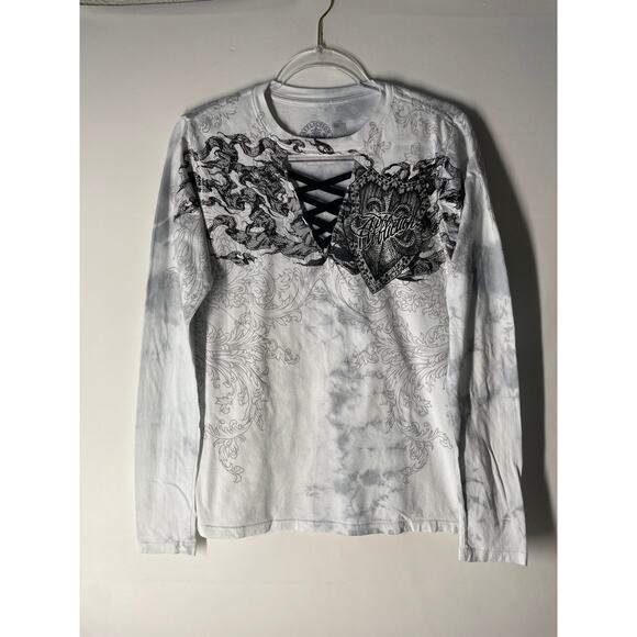 Affliction Fleur Shield Rhinestone White Lace Up Crewneck Long Sleeve Tee Large - Picture 1 of 5